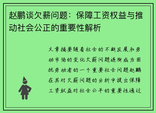 赵鹏谈欠薪问题:保障工资权益与推动社会公正的重要性解析 赵鹏谈欠薪问题:保障工资权益与推动社会公正的重要性解析
